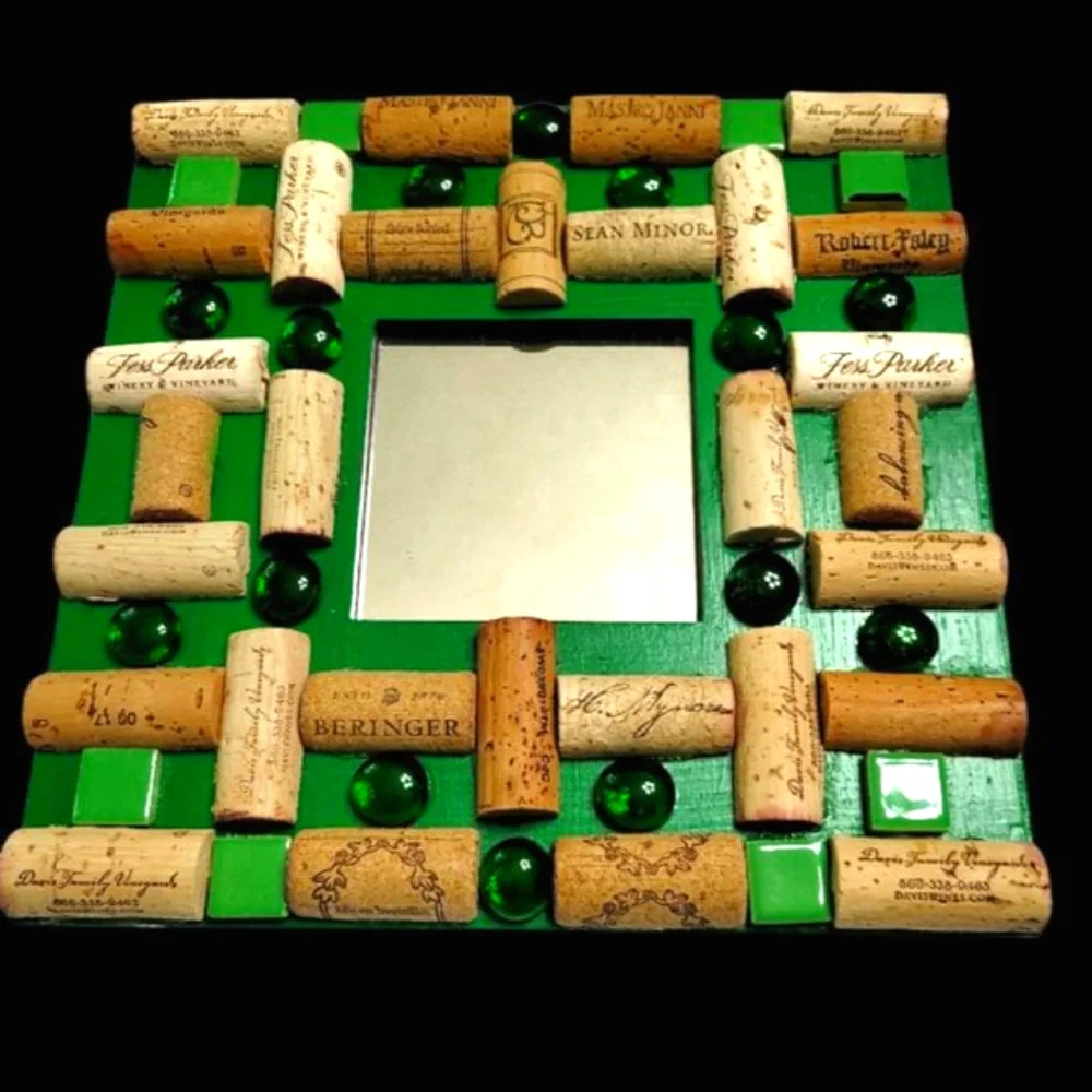 Green Round Cabochons Glass Mirror Decor with Wine Cork-NWT-Handmade